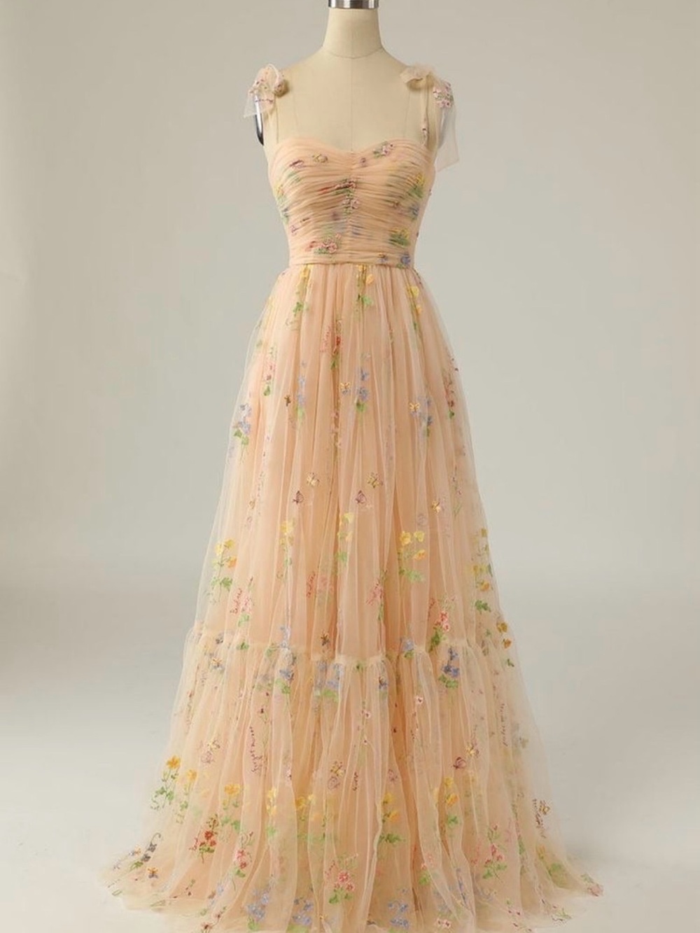 Peach Floral Tulle Maxi Dress